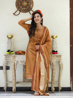 Kaajh Women's Mustard Yellow Chanderi Kurta Set With Trouser And Dupatta - Distacart