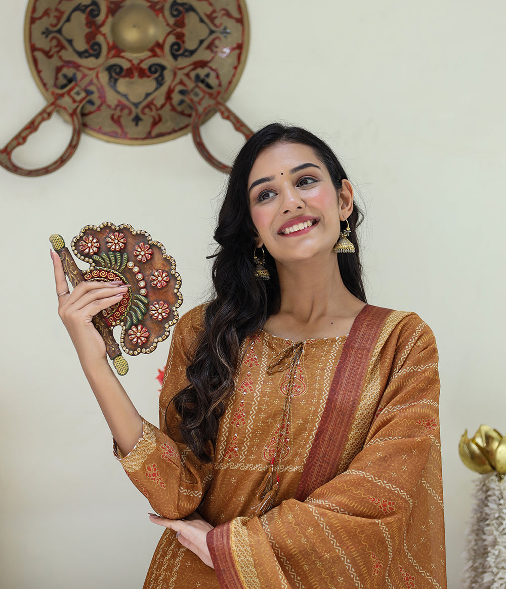 Kaajh Women's Mustard Yellow Chanderi Kurta Set With Trouser And Dupatta - Distacart