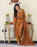 Kaajh Women's Mustard Yellow Chanderi Kurta Set With Trouser And Dupatta - Distacart