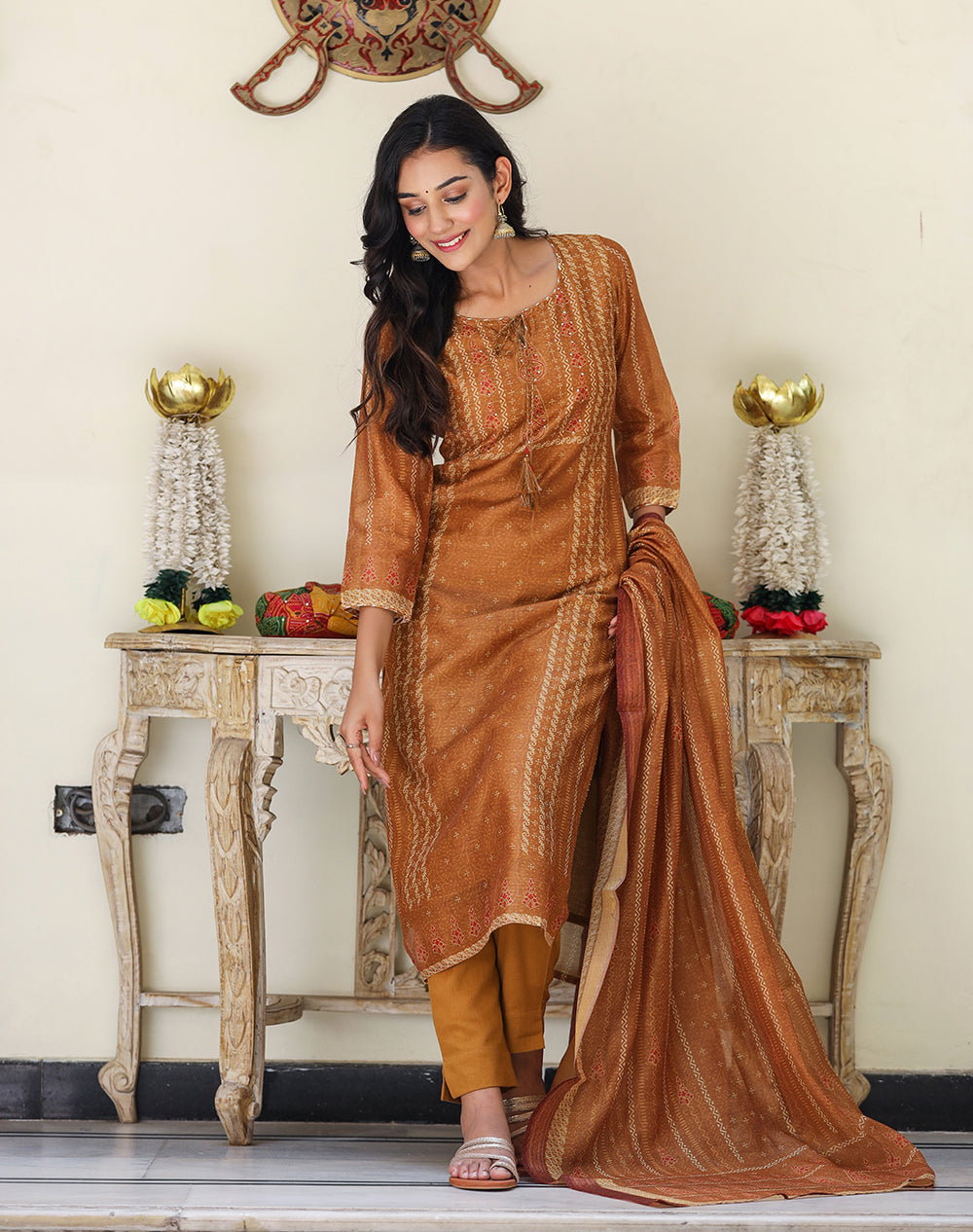 Kaajh Women's Mustard Yellow Chanderi Kurta Set With Trouser And Dupatta - Distacart
