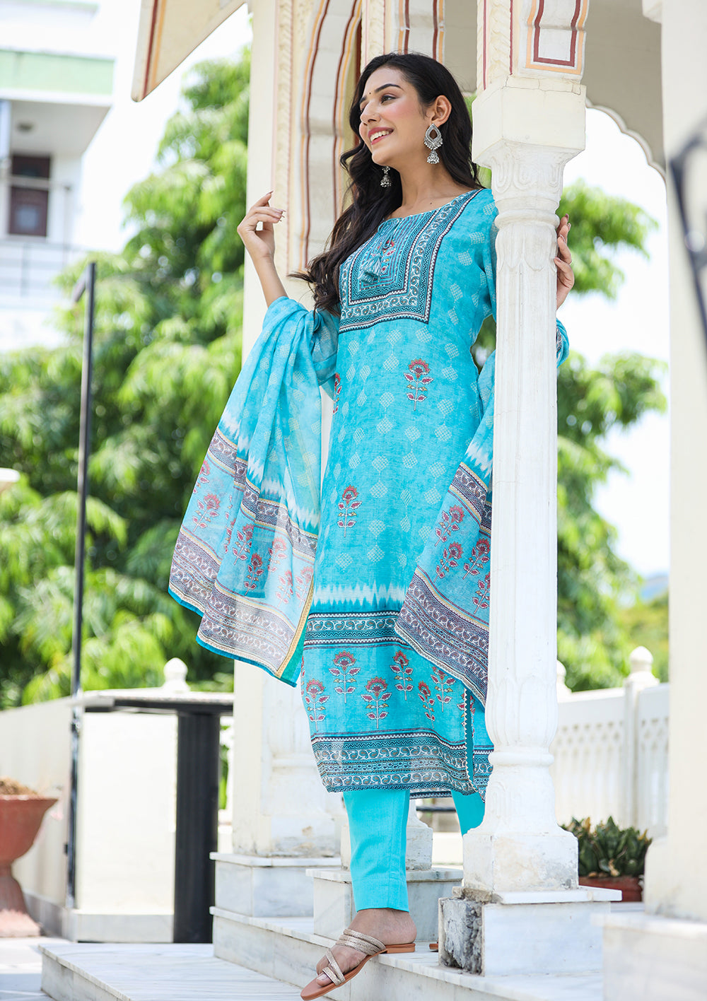Kaajh Women's Sky Blue Ethnic Chanderi Kurta Set With Trouser And Dupatta - Distacart