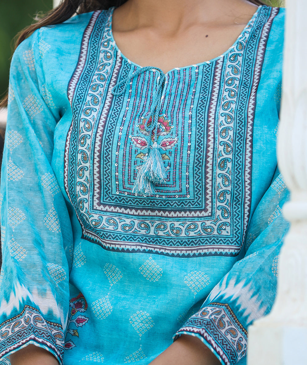 Kaajh Women's Sky Blue Ethnic Chanderi Kurta Set With Trouser And Dupatta - Distacart