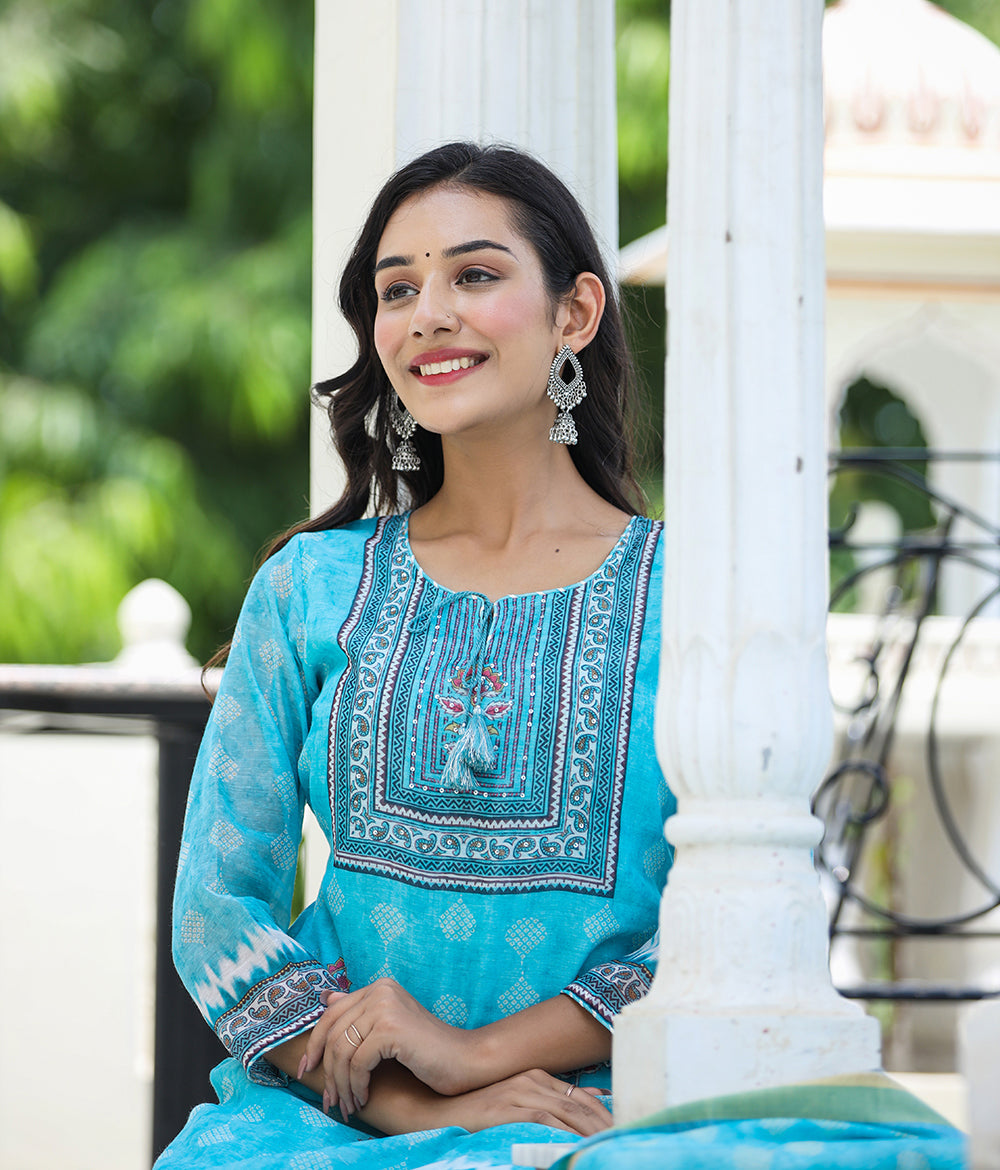 Kaajh Women's Sky Blue Ethnic Chanderi Kurta Set With Trouser And Dupatta - Distacart