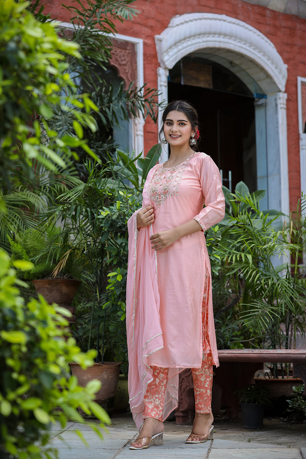 Kaajh Women's Pink Floral Modal Silk Suit Set - Distacart