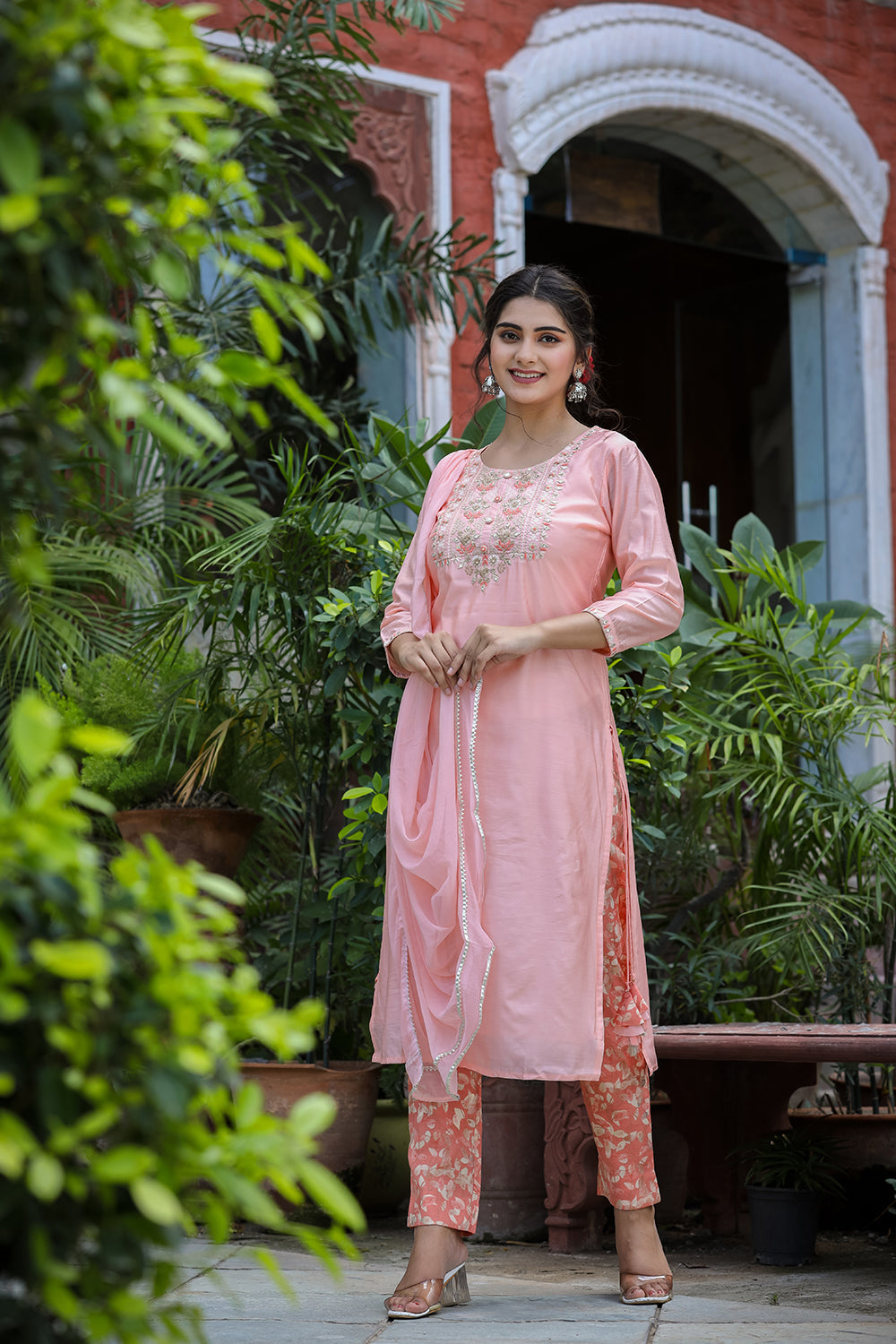 Kaajh Women's Pink Floral Modal Silk Suit Set - Distacart