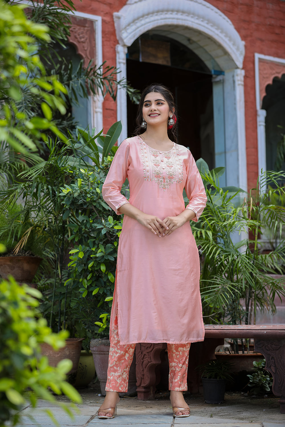Kaajh Women's Pink Floral Modal Silk Suit Set - Distacart