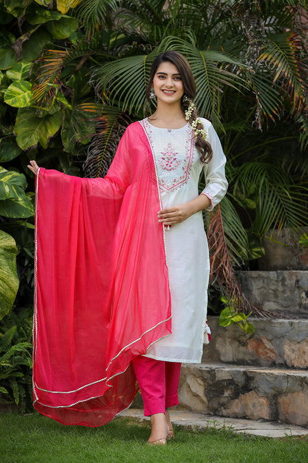 Kaajh Women's White-Pink Modal Silk Suit Set