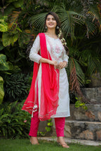 Kaajh Women's White-Pink Modal Silk Suit Set - Distacart