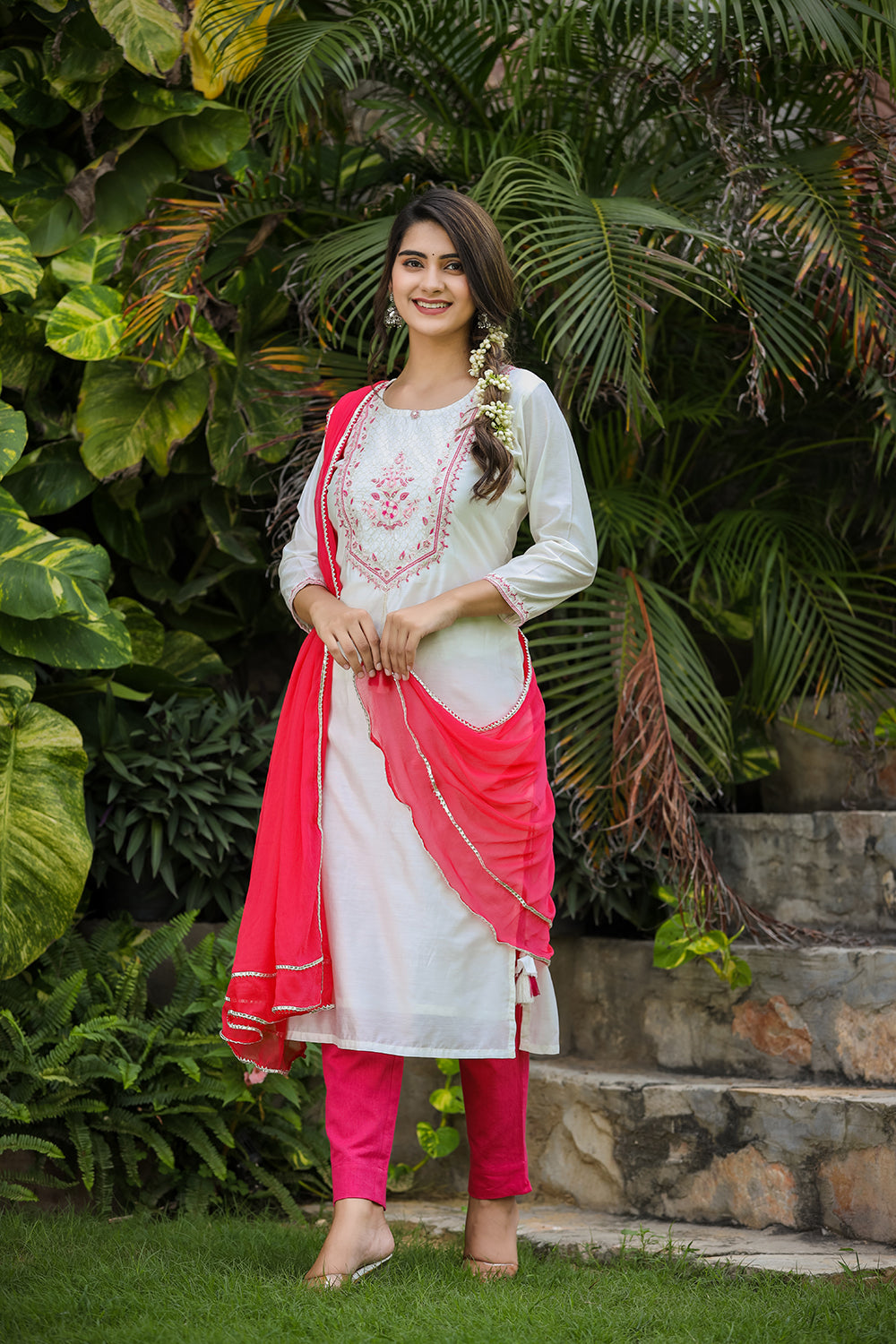 Kaajh Women's White-Pink Modal Silk Suit Set - Distacart