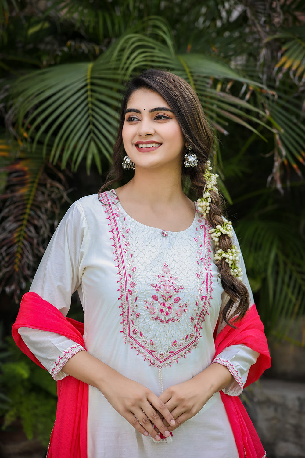 Kaajh Women's White-Pink Modal Silk Suit Set - Distacart