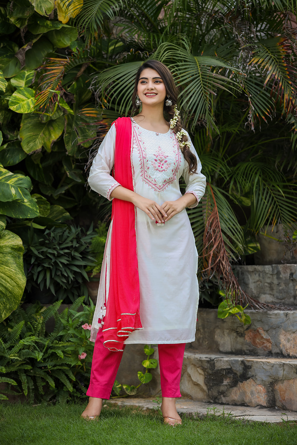 Kaajh Women's White-Pink Modal Silk Suit Set - Distacart