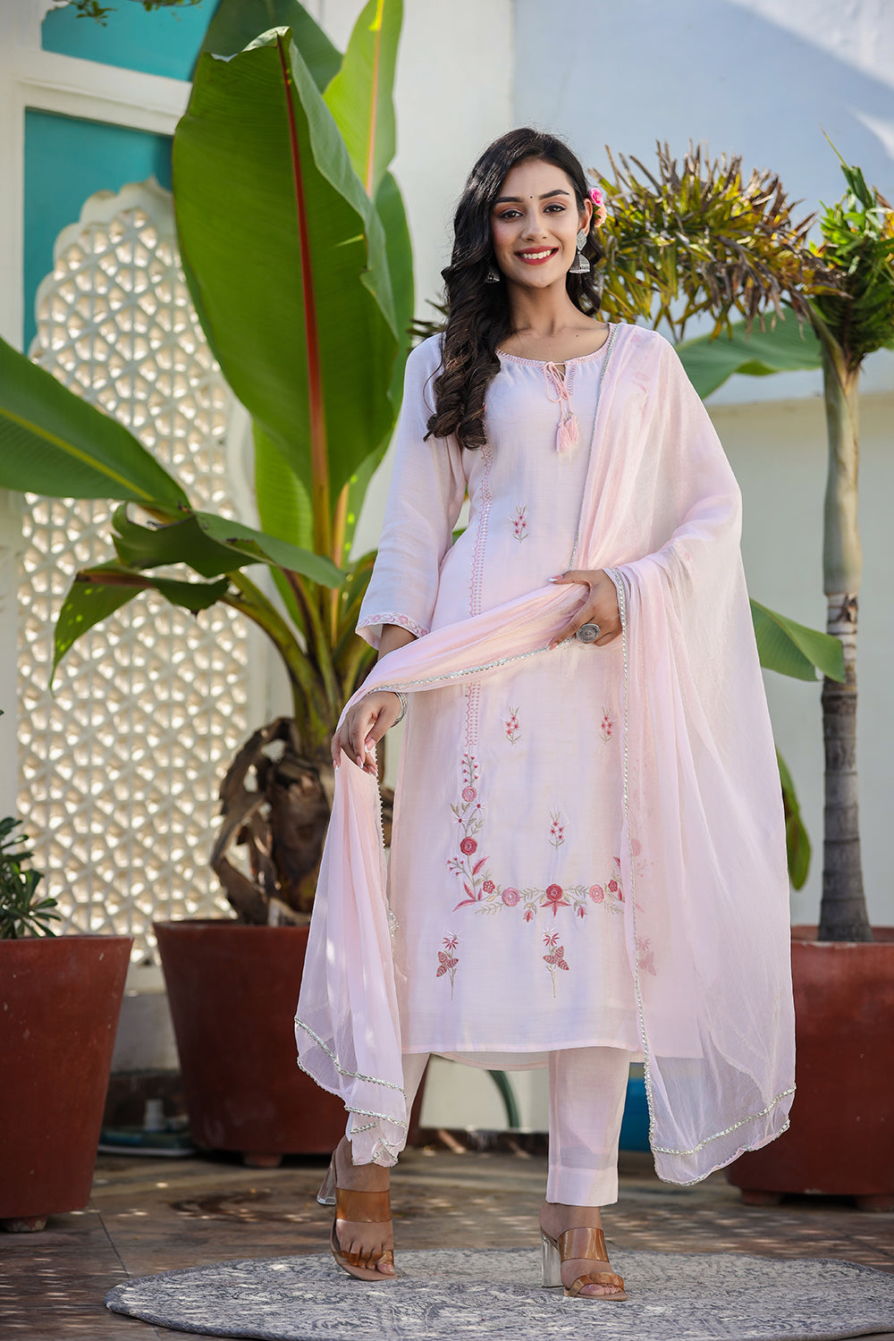 Kaajh Women's Peach Floral Modal Silk Suit Set - Distacart