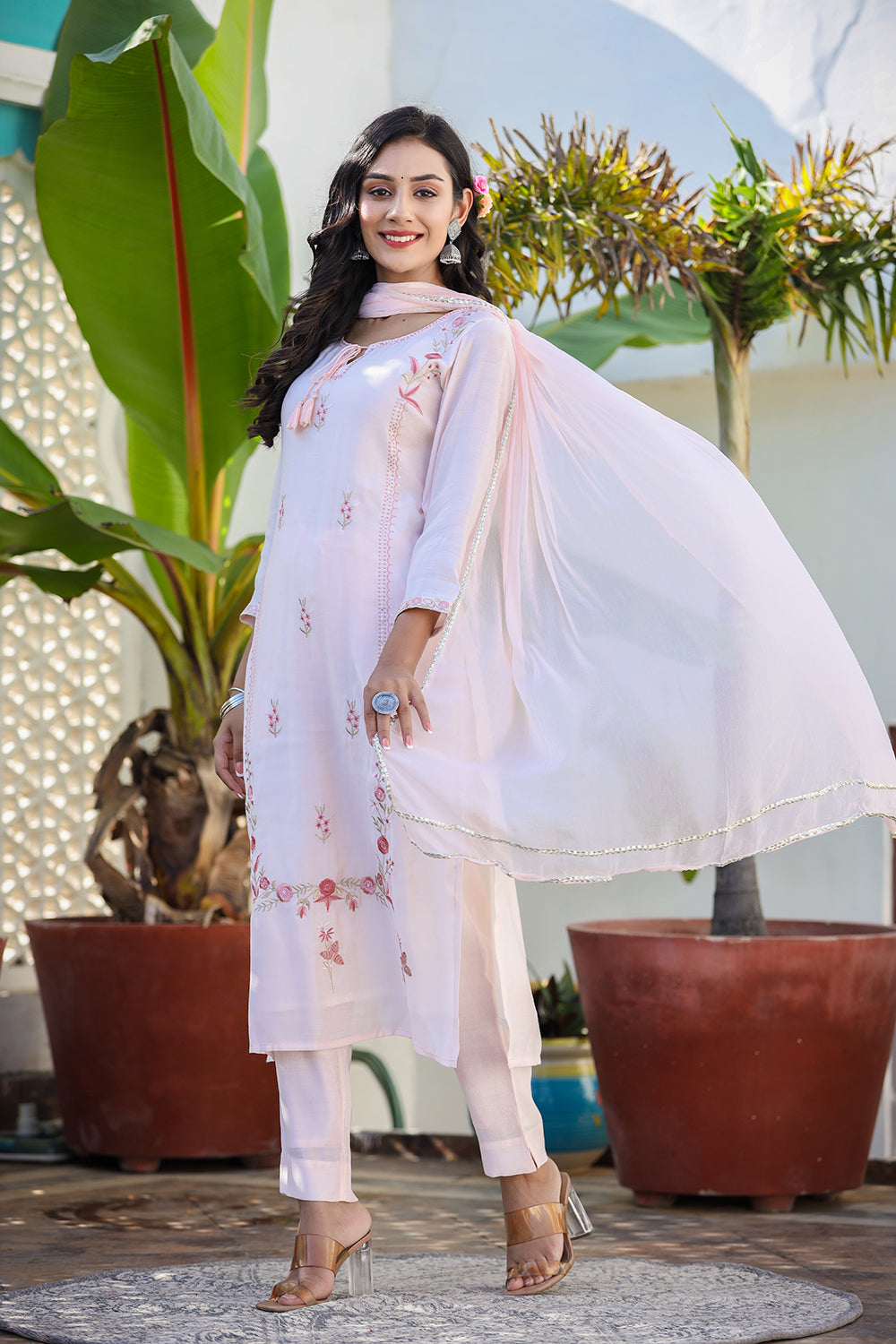 Kaajh Women's Peach Floral Modal Silk Suit Set - Distacart