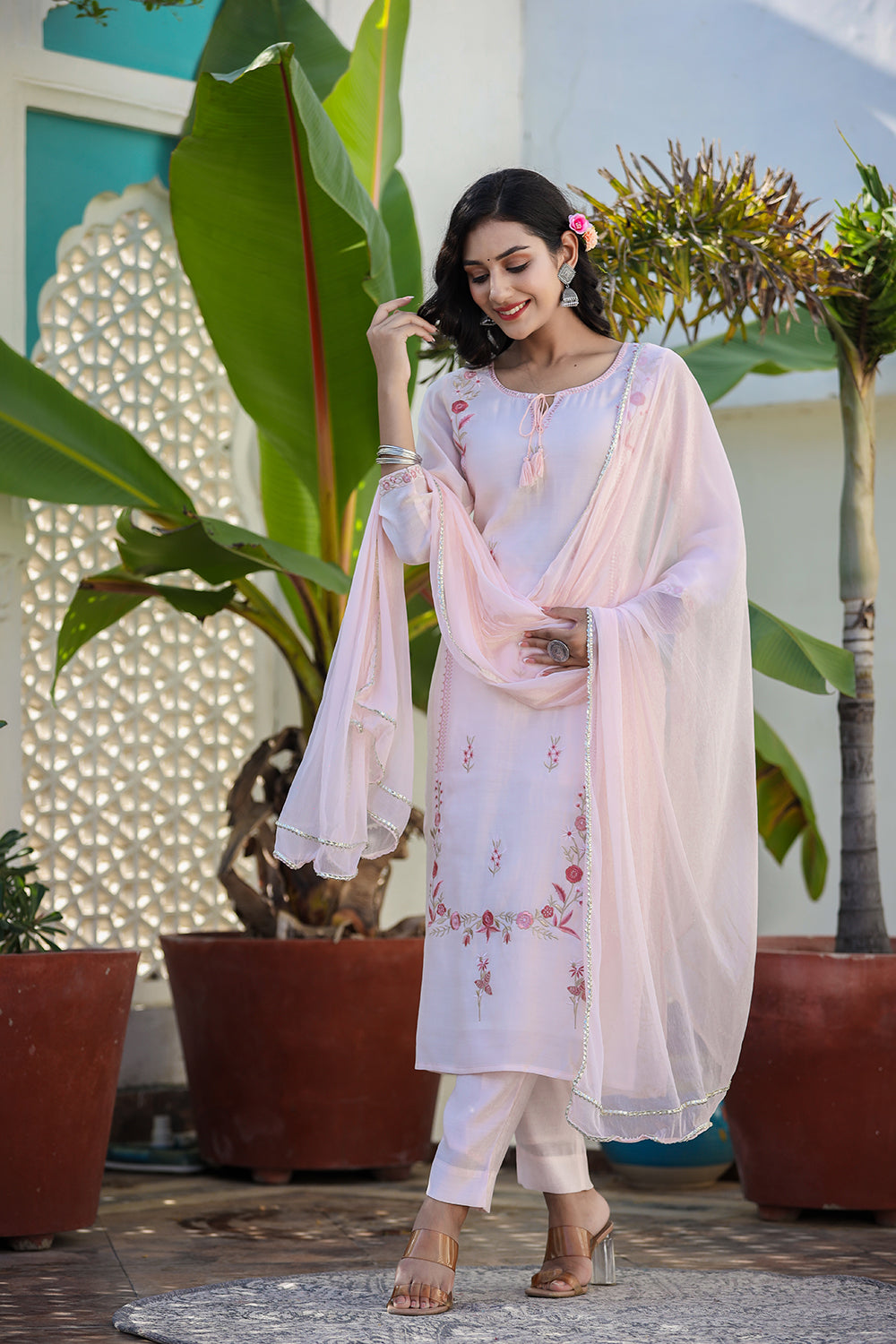Kaajh Women's Peach Floral Modal Silk Suit Set - Distacart