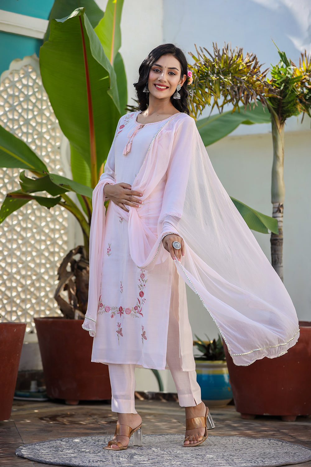 Kaajh Women's Peach Floral Modal Silk Suit Set - Distacart