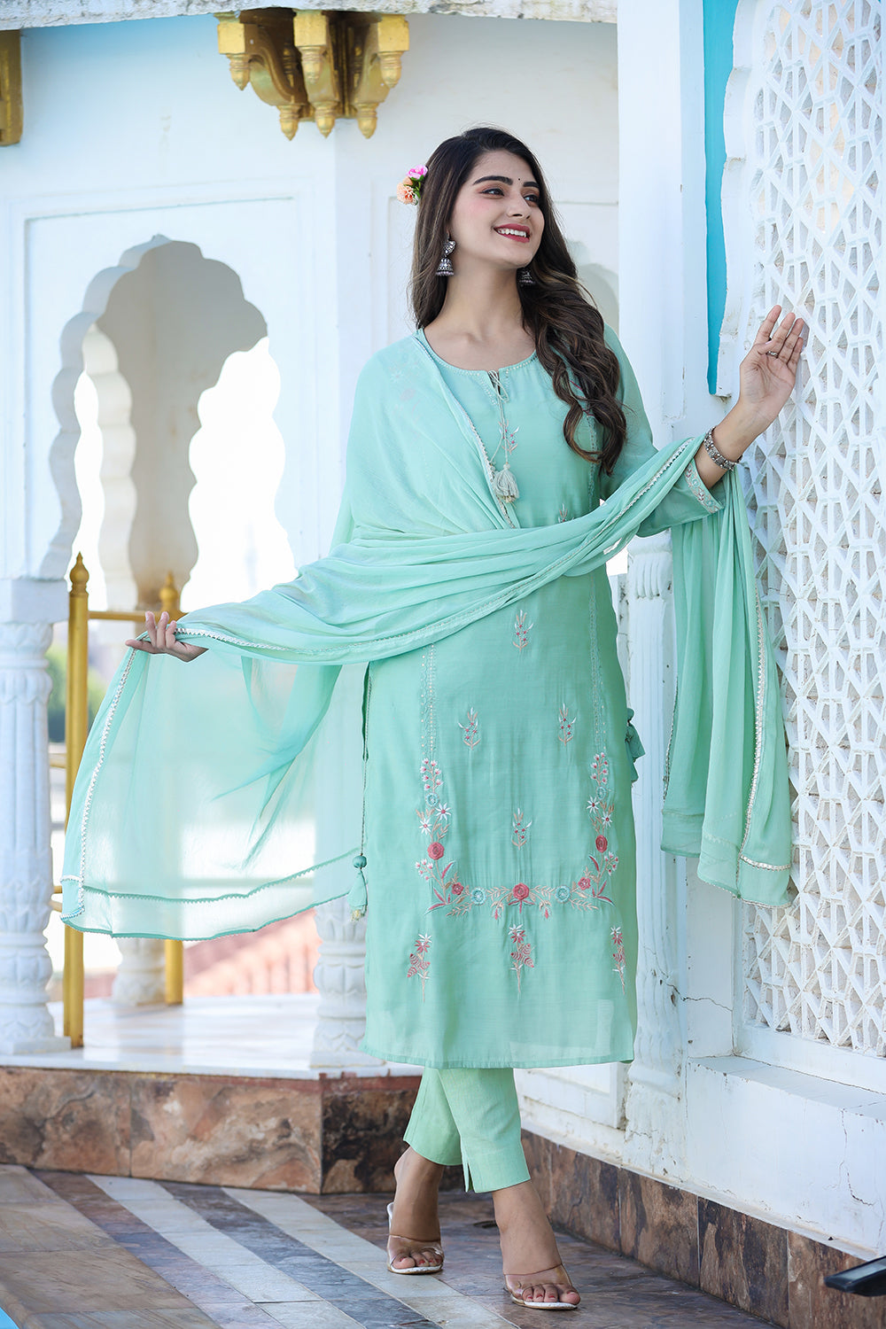 Kaajh Women's Green Floral Modal Silk Suit Set - Distacart