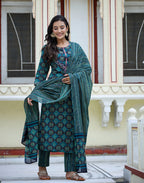 Kaajh Women's Green Ethnic Print Cotton Kurta Set With Pant And Dupatta - Distacart