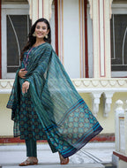 Kaajh Women's Green Ethnic Print Cotton Kurta Set With Pant And Dupatta - Distacart