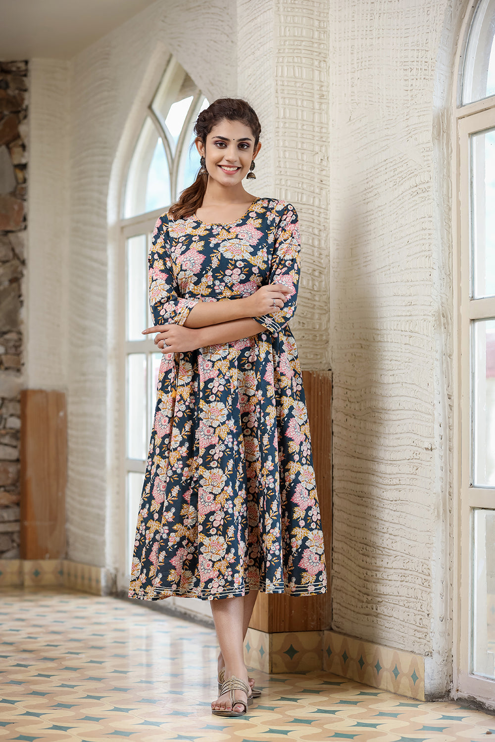 Kaajh Women's Navy Blue Floral Printed Cotton Ethnic Dress - Distacart