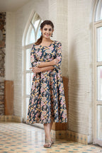 Kaajh Women's Navy Blue Floral Printed Cotton Ethnic Dress - Distacart