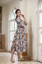Kaajh Women's Navy Blue Floral Printed Cotton Ethnic Dress - Distacart