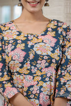 Kaajh Women's Navy Blue Floral Printed Cotton Ethnic Dress - Distacart