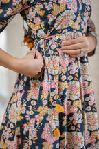 Kaajh Women's Navy Blue Floral Printed Cotton Ethnic Dress - Distacart
