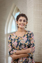 Kaajh Women's Navy Blue Floral Printed Cotton Ethnic Dress - Distacart