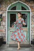 Kaajh Women's Turquoise Floral Printed Cotton Ethnic Dress - Distacart