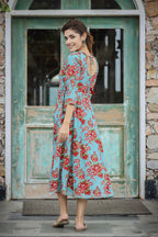 Kaajh Women's Turquoise Floral Printed Cotton Ethnic Dress - Distacart