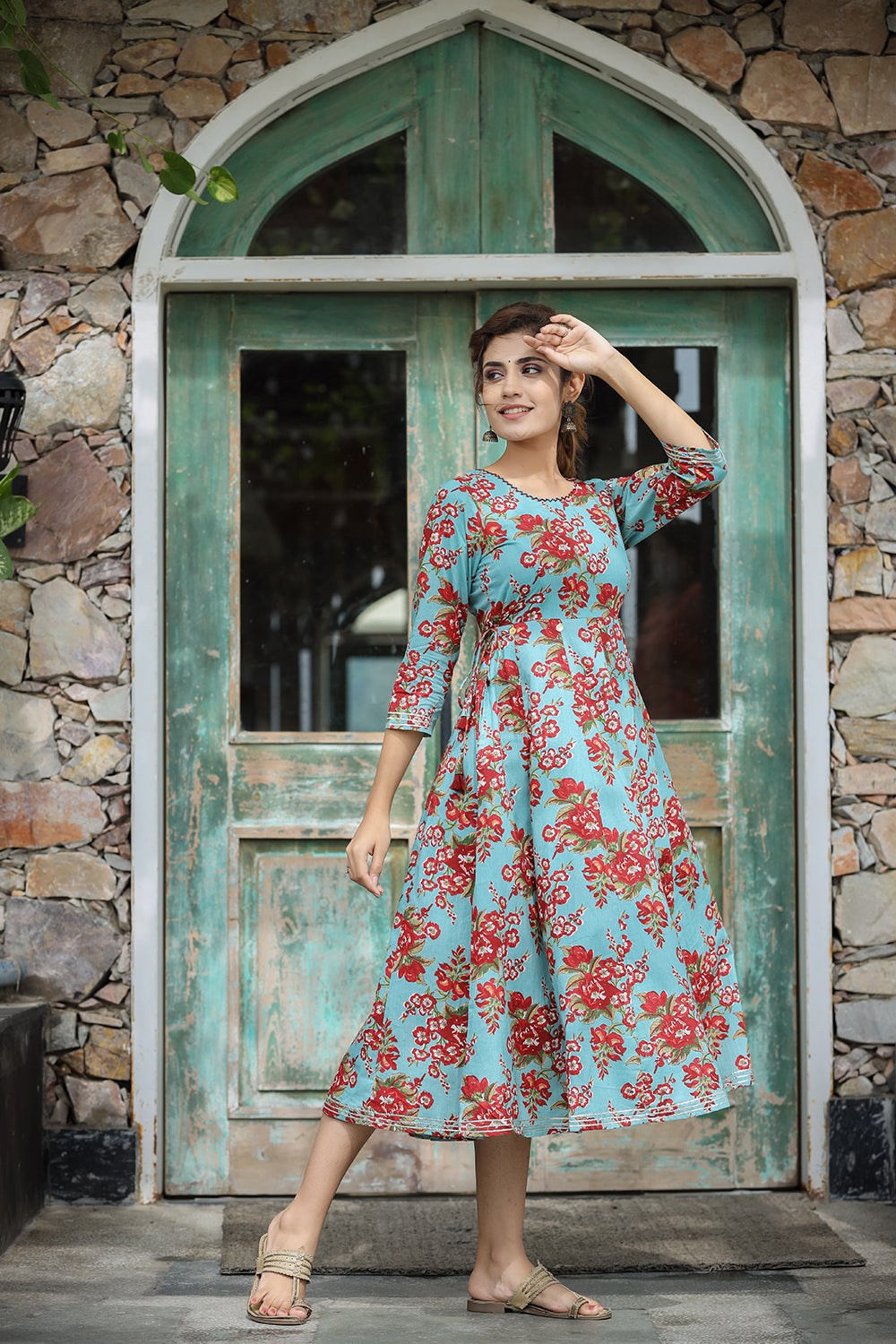 Kaajh Women's Turquoise Floral Printed Cotton Ethnic Dress - Distacart