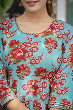 Kaajh Women's Turquoise Floral Printed Cotton Ethnic Dress - Distacart