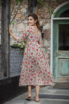 Kaajh Women's White Red Floral Printed Cotton Ethnic Dress - Distacart