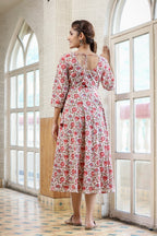 Kaajh Women's White Green Floral Printed Cotton Ethnic Dress - Distacart