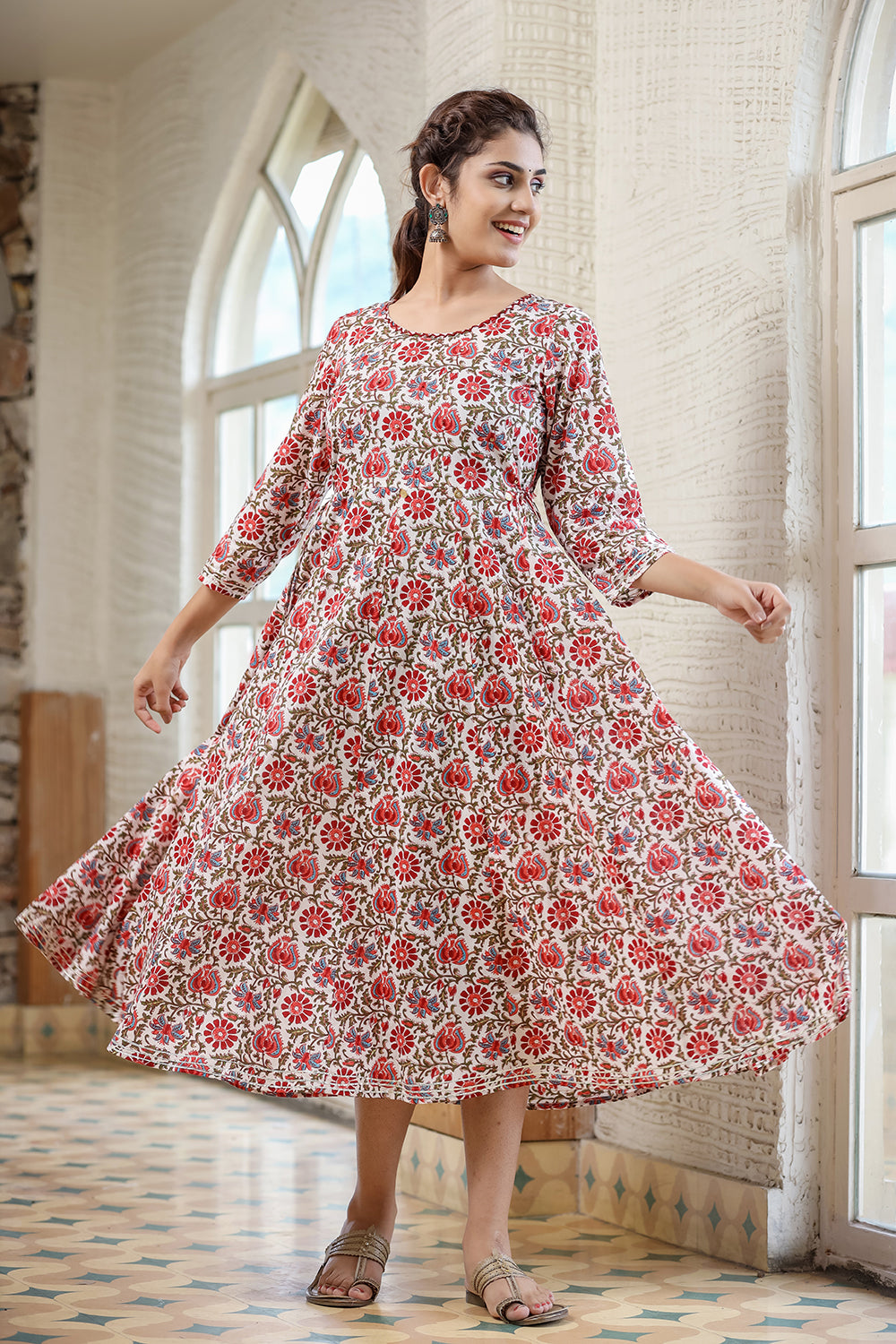 Kaajh Women's White Green Floral Printed Cotton Ethnic Dress - Distacart