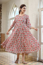 Kaajh Women's White Green Floral Printed Cotton Ethnic Dress - Distacart