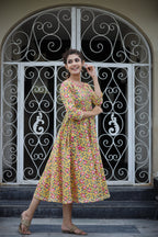Kaajh Women's Yellow Floral Printed Cotton Ethnic Dress - Distacart