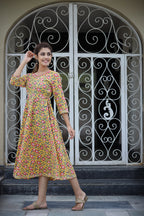Kaajh Women's Yellow Floral Printed Cotton Ethnic Dress - Distacart