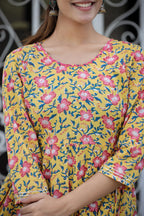 Kaajh Women's Yellow Floral Printed Cotton Ethnic Dress - Distacart