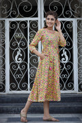 Kaajh Women's Yellow Floral Printed Cotton Ethnic Dress - Distacart