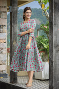 Kaajh Women's Green Pink Floral Printed Cotton Ethnic Dress - Distacart