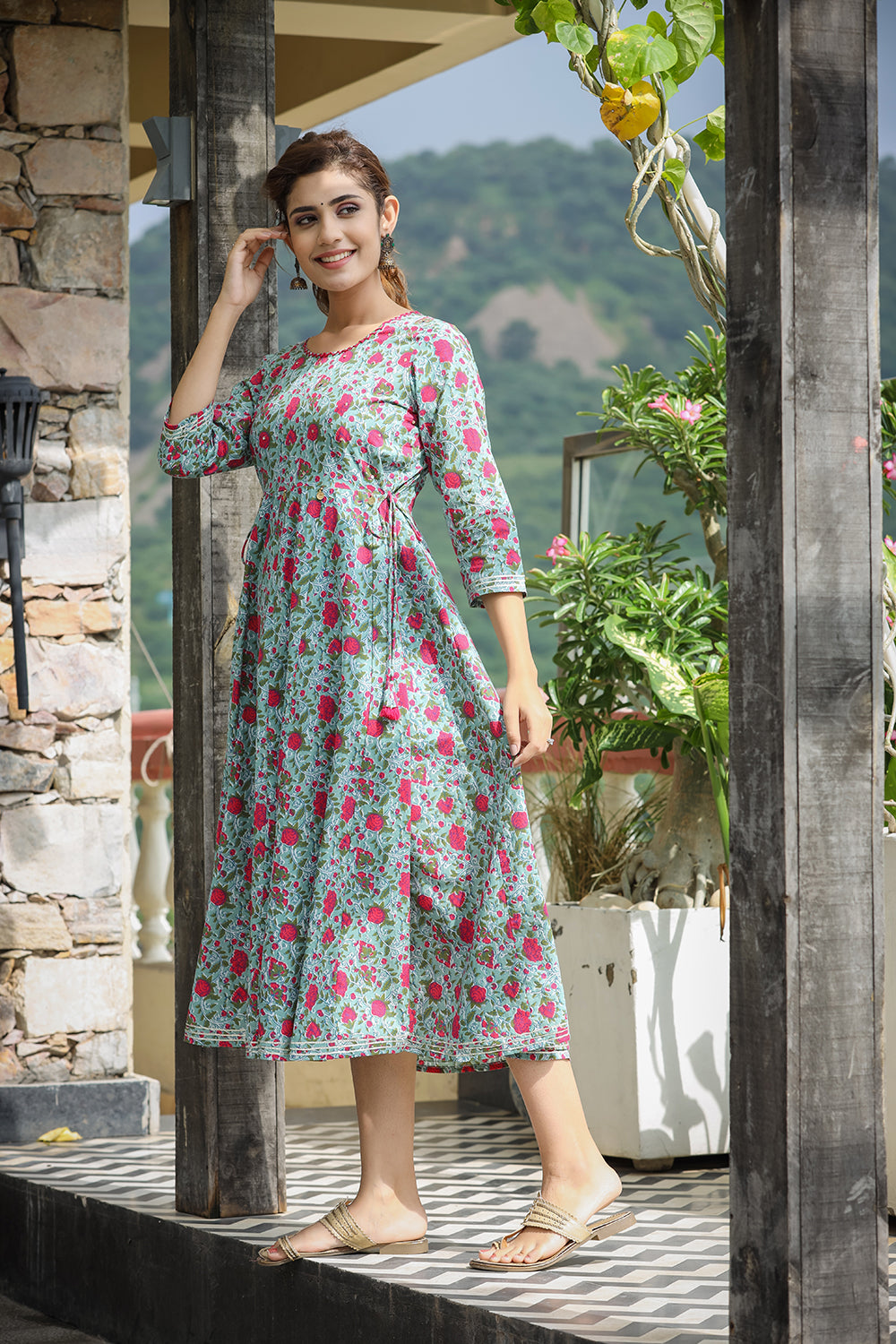 Kaajh Women's Green Pink Floral Printed Cotton Ethnic Dress - Distacart