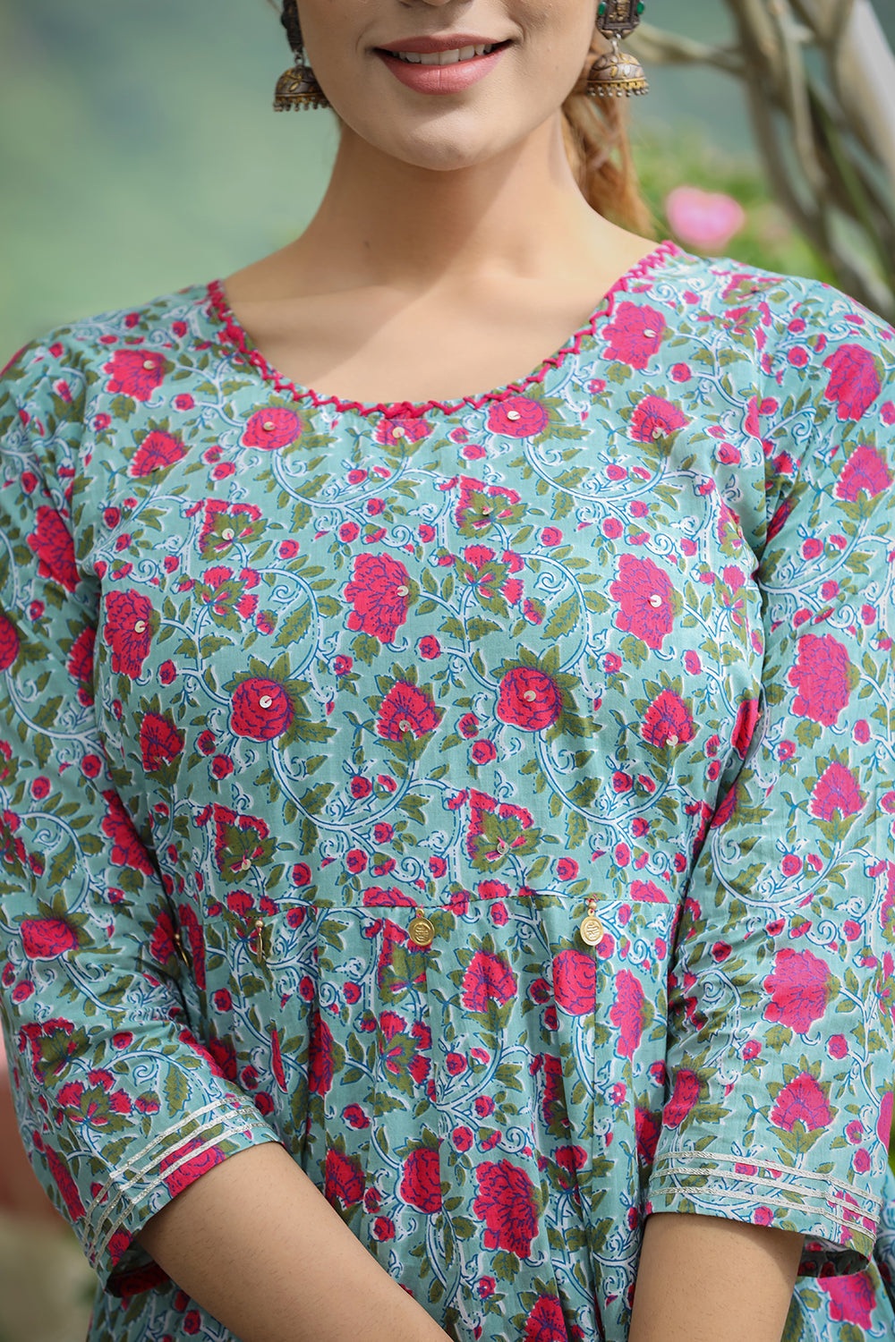 Kaajh Women's Green Pink Floral Printed Cotton Ethnic Dress - Distacart
