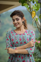 Kaajh Women's Green Pink Floral Printed Cotton Ethnic Dress - Distacart