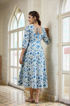 Kaajh Women's Blue Green Floral Printed Cotton Ethnic Dress - Distacart