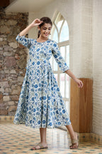 Kaajh Women's Blue Green Floral Printed Cotton Ethnic Dress - Distacart