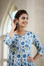 Kaajh Women's Blue Green Floral Printed Cotton Ethnic Dress - Distacart