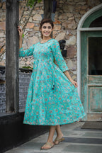 Kaajh Women's Sea Green Floral Printed Cotton Ethnic Dress - Distacart