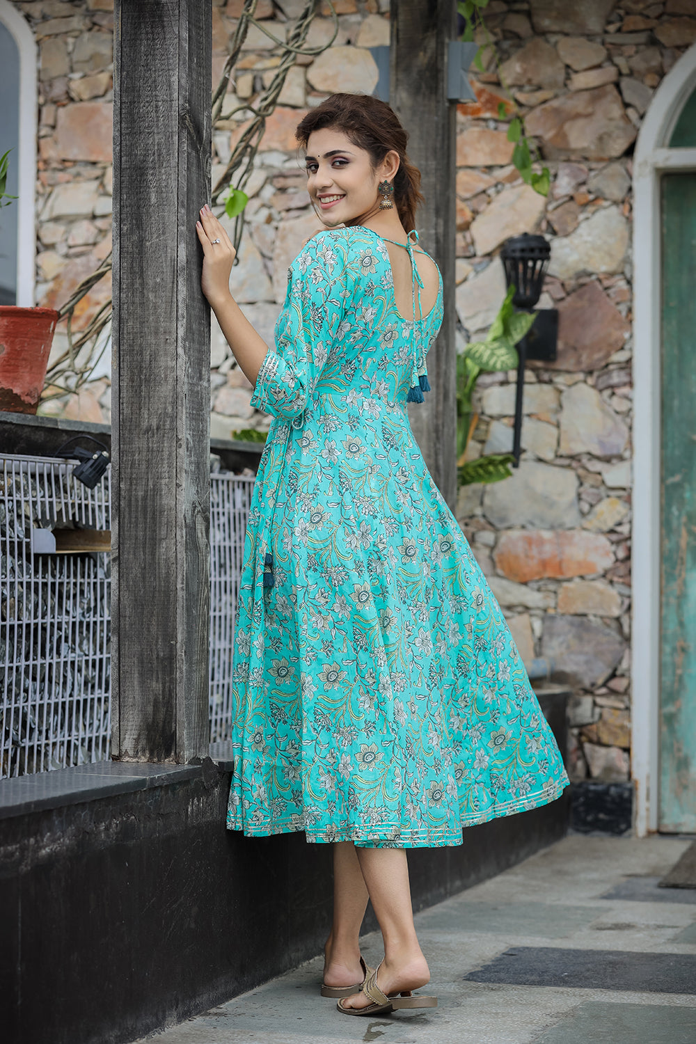 Kaajh Women's Sea Green Floral Printed Cotton Ethnic Dress - Distacart