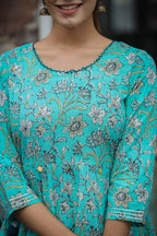 Kaajh Women's Sea Green Floral Printed Cotton Ethnic Dress - Distacart